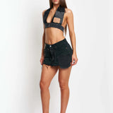 BLACK PATCHED DENIM SKIRT