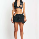 BLACK PATCHED DENIM SKIRT